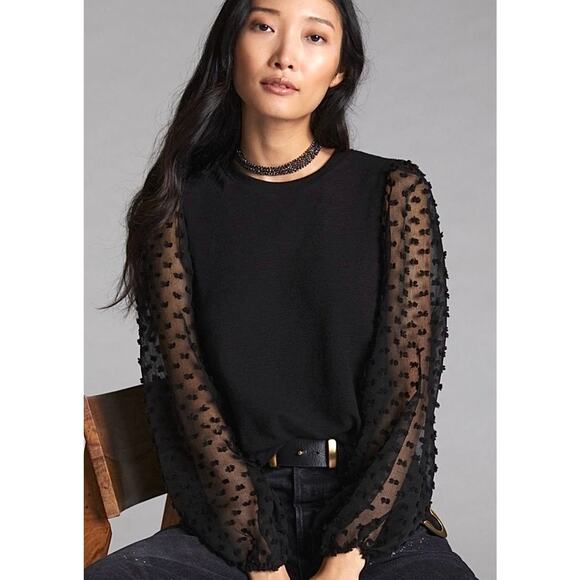 Anthropologie Maeve Textured-Sleeve Top Black Medium Chic Dark Romantic Edgy - Picture 1 of 13